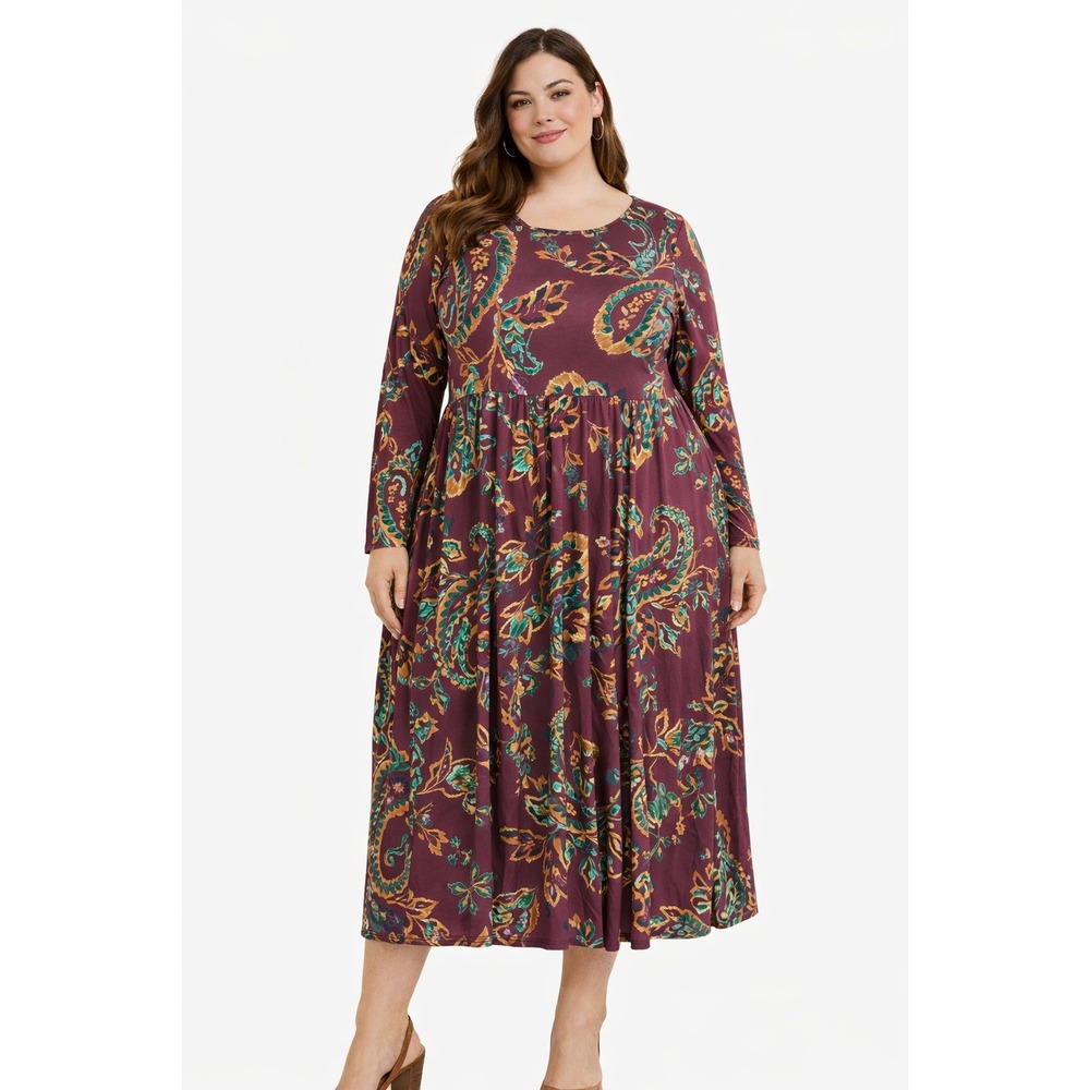 24seven‎ Midi Dress Burgundy Paisley Boho Dark Boho Whimsigoth Witchy Artsy 2X